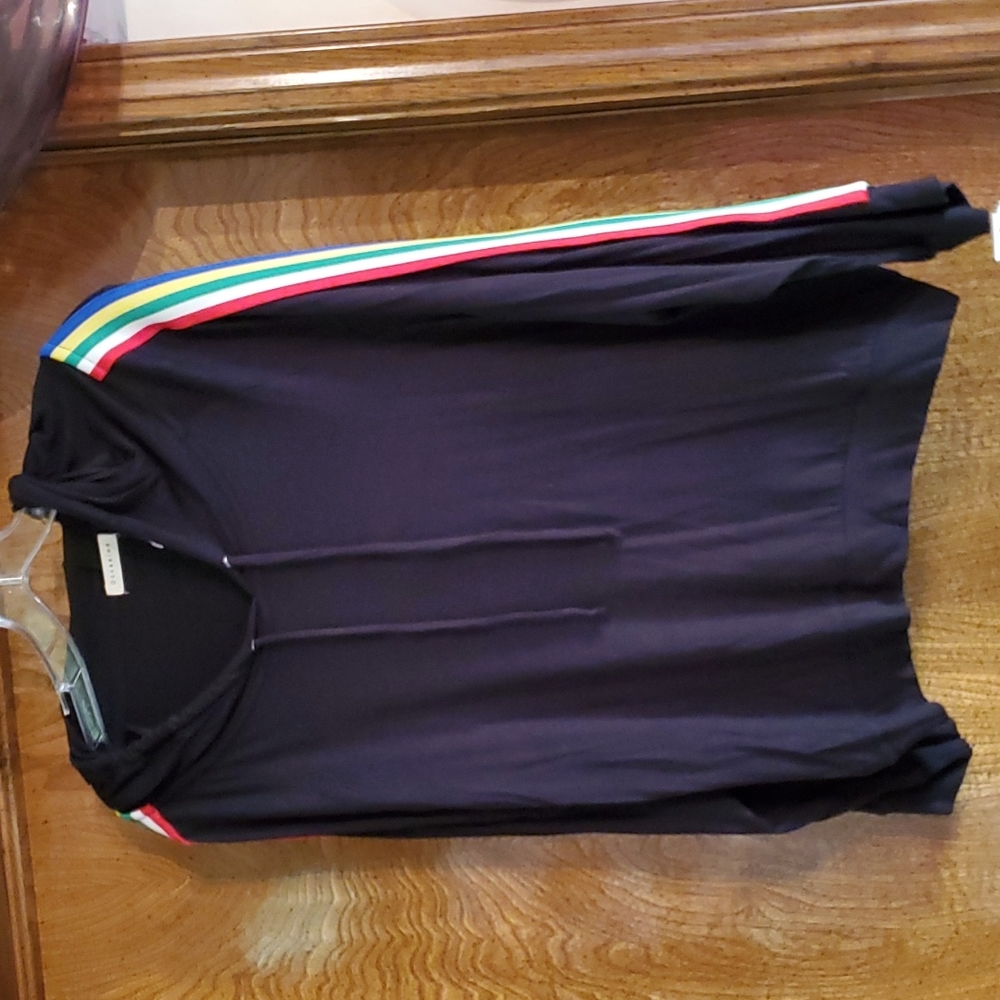 Black hoody with stripes on arms.